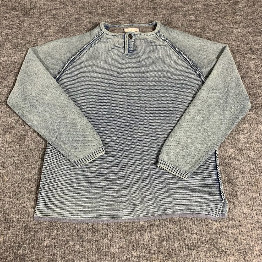 Carbon 2 Cobalt Sweater Mens Medium Blue Indigo Wash Henley Ribbed Heavyweight